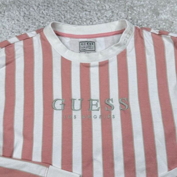 Guess Los Angeles Retro Pink White Striped Long Sleeve Shirt Unisex Mens Medium - Picture 4 of 6